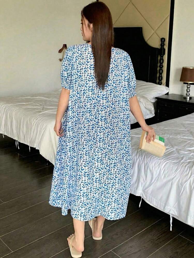 Dazy Plus Elegant Leaf & Floral Print Loose A-Line Long Nightgown, Cozy Sleepwear