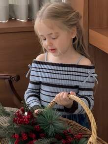 DAZY Young Girls Off Shoulder Striped Long Sleeve Sweater, Autumn/Winter - Blue - View 2