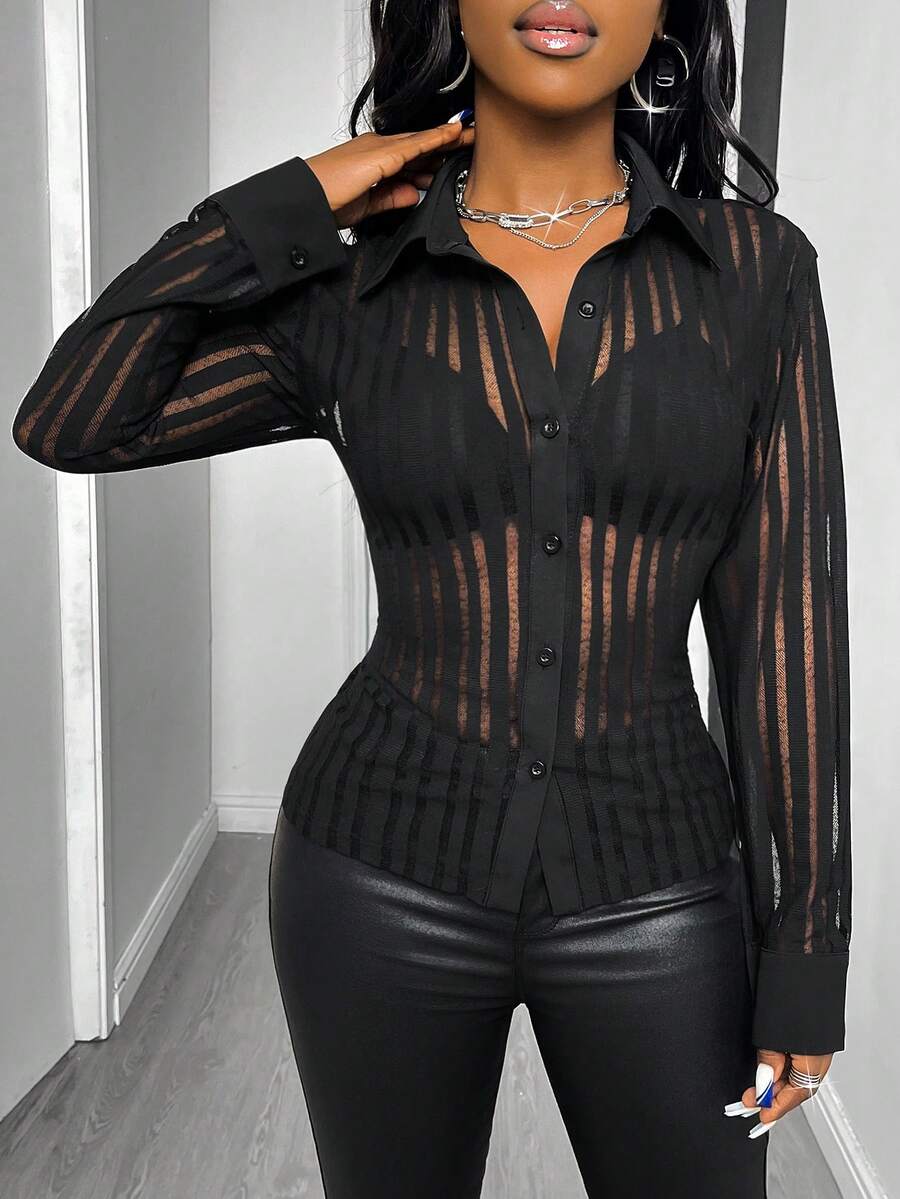 Glyssa Women's Black Striped Semi-Sheer Collared Button-Up Waist ...