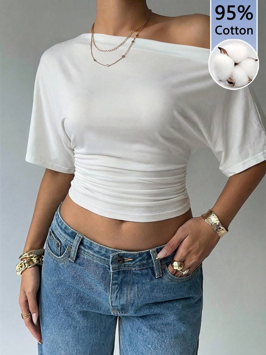 Aloruh Blusa asimétrica de hombro suelto con cintura ceñida, camiseta de algodón al 95% versátil para salidas - Blanco - Ver 1