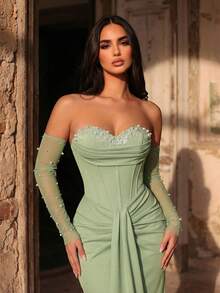 Aureia 优雅奢华的串珠针织拼接亮片抹胸连衣裙，腰部褶皱设计，袖口荷叶边可拆卸，适合正式场合，精致晚礼服 - 綠色 - 查看 1