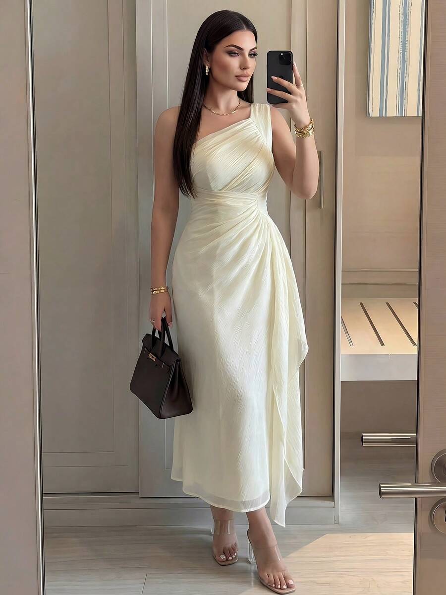 Modelyn 女士纯色无袖褶皱荷叶边中长连衣裙