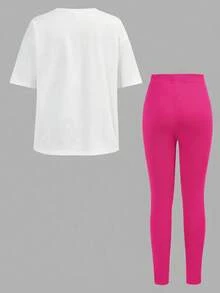Tween Girls Casual Daily Fashion White T-Shirt Top With Green Letter Print And Green Leggings Set - Hot Pink - View 2