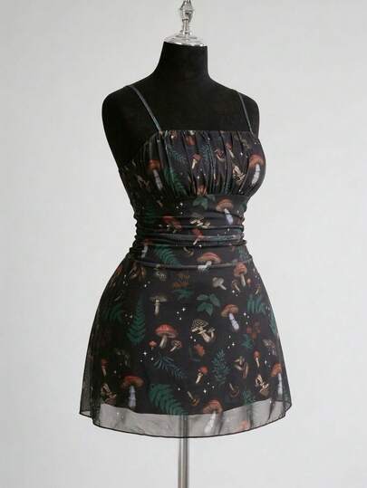 ROMWE Hippie 大码复古蘑菇花卉印花荷叶边吊带连衣裙