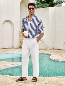 Mercer Haus Áo sơ mi nam FEIAO phong cách retro cổ điển kẻ sọc, tay dài, kiểu dáng casual, phù hợp bốn mùa. - Xanh và trắng - Xem 3