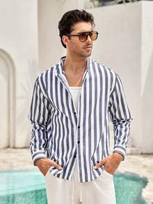 Mercer Haus Áo sơ mi nam FEIAO phong cách retro cổ điển kẻ sọc, tay dài, kiểu dáng casual, phù hợp bốn mùa. - Xanh và trắng - Xem 4