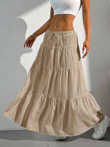 MainGRL Falda midi de línea A con textura y lazo en la cintura, unicolor caqui para mujer - Caqui - Ver 2