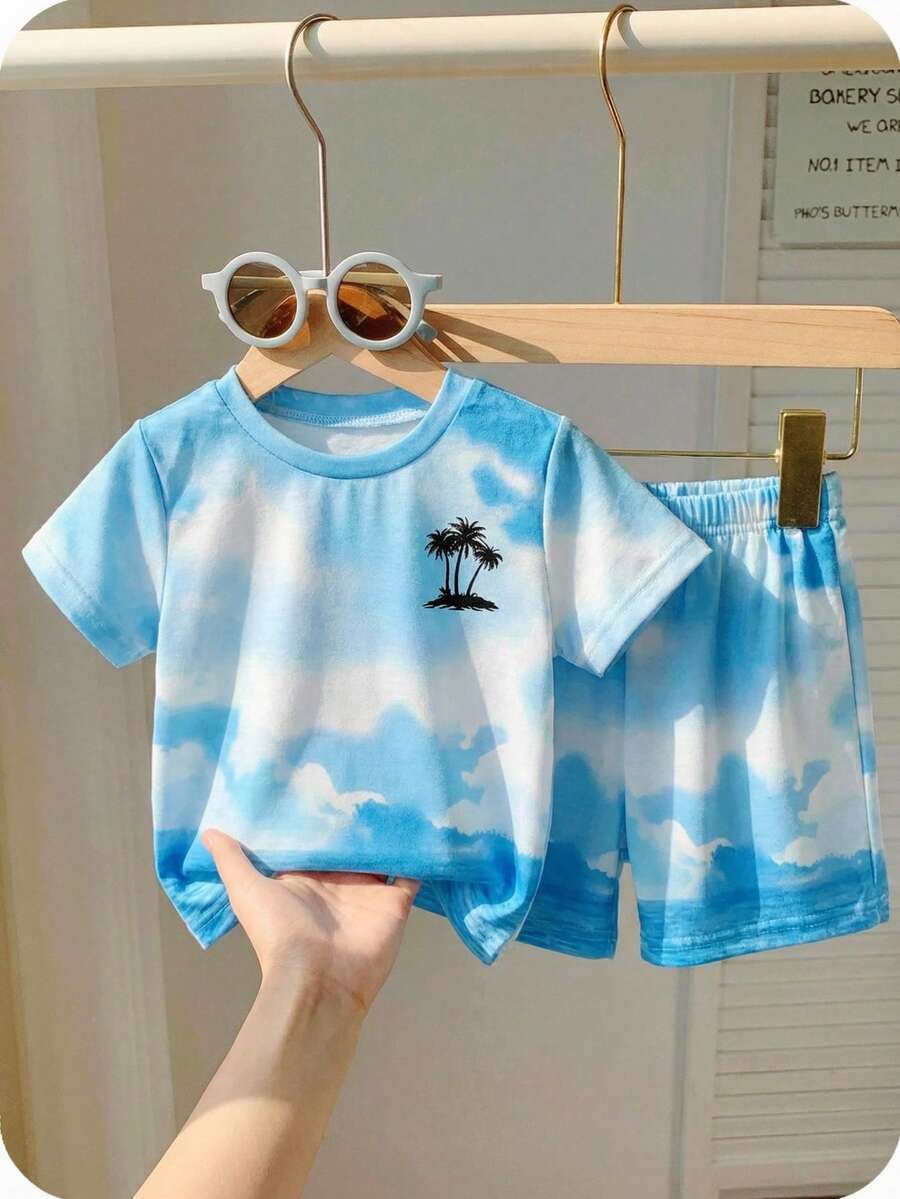 男婴休闲椰树印花短袖T恤短裤套装，适合夏季穿着 - 白色 - 查看 1