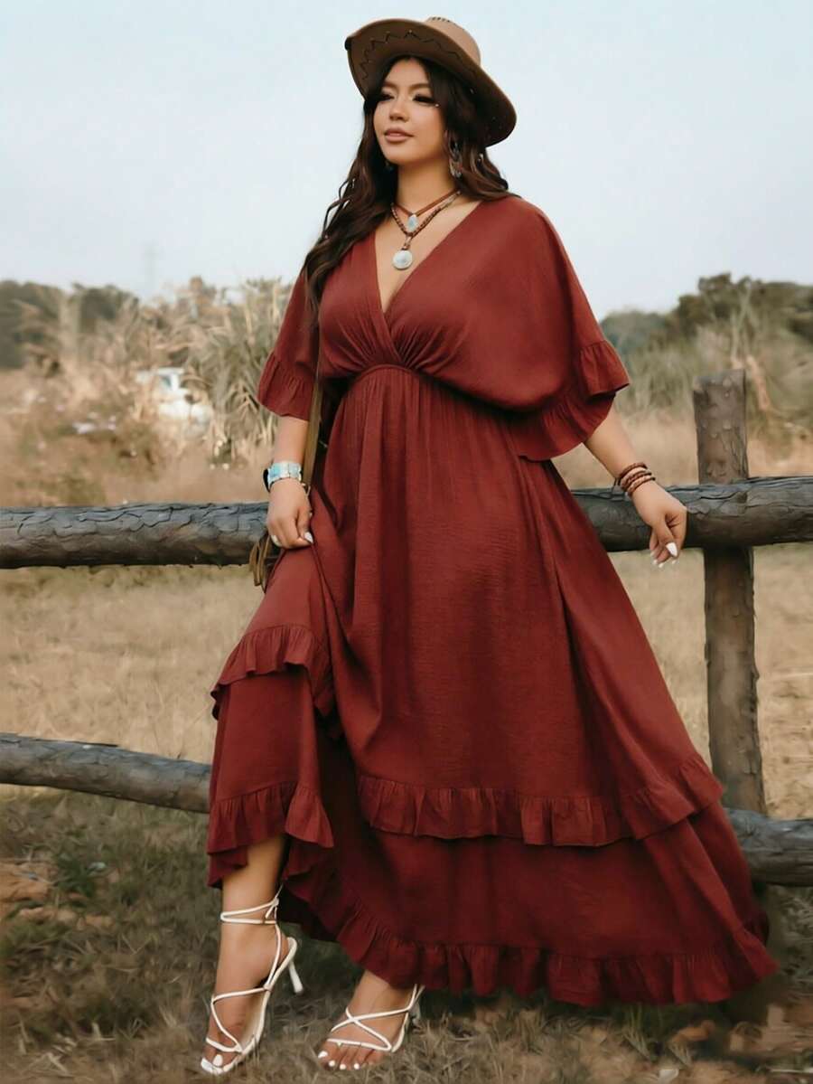 Ceyna 大码女式深V领褶皱纯色休闲派对连衣裙 女式连衣裙 波西米亚风大码女装 波西米亚风女装连衣裙 波西米亚风连衣裙 - 紅木色 - 查看 1