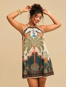 Travachic Plus Size Tropical Print Halter Neck Casual Dress - Multicolor - View 7