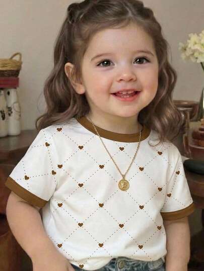 SHEIN Playful Pals Infant/Baby GirlHeart Print Round Neck White Short Sleeve T-Shirt, Baby/Toddler Clothing, Girls' Pullover Tee, Girls' Short Sleeve T-Shirt, Girls' White Versatile Short Sleeve, Heart Element, Suitable For Spring/Summer, Summer, Fits 6M-3T