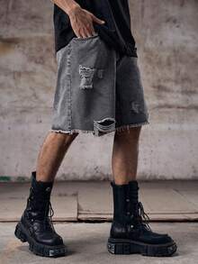 Skyrend Quần short denim sờn rách giản dị mùa xuân & hè cho nam Quần short denim trơn Quần short denim màu xám nhạt rộng thùng thình cho chồng, quà tặng bạn trai - Màu Xám nhạt - Xem 5