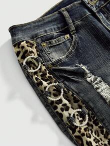 ROMWE Y2K Gyaru Shibuya Midriff Flashing Low Waist Leopard Print Patchwork Vintage Distressed Design Women Jeans - Dark Wash - View 3