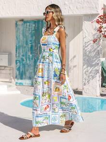 Vivid Eden Women's White Summer Boho Holiday Vacation Holiday Artistic Square Print Dress,Lace-Up Back Cinched Waist A-Line Casual Spring Picnic Dresses - Aqua Blue - View 4