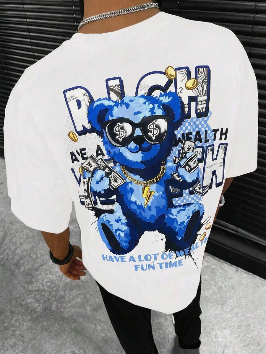 SHEIN Leap Crew 青少年男孩休閒熊和英文字母塗鴉印花短袖T恤配口袋短褲2件套裝 - 彩色 - 查看 1