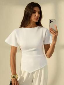 SHEIN Tall Áo thun nữ cổ tròn xếp ly thanh lịch, phù hợp cho mọi mùa. - trắng - Xem 6