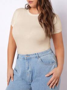 SHEIN BASICS Maglietta casual a maniche corte, girocollo, tinta unita, versatile, taglie comode, per donne, magliette a maniche corte, top per donne, regali per la festa della mamma, top basic estivi aderenti per donne, top basic aderenti tinta unita per donne, top a costine per donne - Albicocca - Visualizzare 5