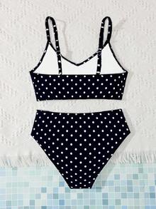SHEIN Bộ bikini chấm bi cho bé gái tuổi teen, vải dệt kim đen trắng, dây đeo vai có thể điều chỉnh, áo cổ chữ V, quần bơi, bộ đồ bơi 2 mảnh, thiết kế thời trang giản dị thanh lịch, thích hợp cho bơi lội, kỳ nghỉ hè, bãi biển, hồ bơi, tiệc tùng. Bộ bikini chấm bi, đồ bơi chấm bi cho bé gái, đồ bơi chấm bi, đồ bơi hai mảnh cho tuổi teen, đồ bơi hai mảnh chấm bi. - trắng - Xem 2