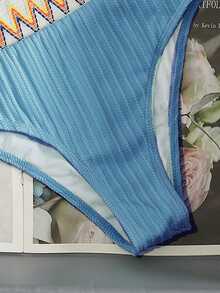Swim Vcay Vacation Beach Woven Strap Patchwork Bikini Set - Blue - View 5