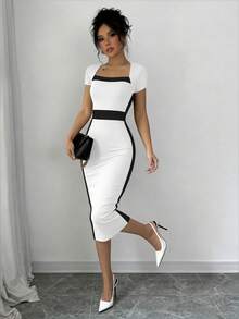Elenzga Color Block Fitted Square Neck Dress For Women - White - View 5