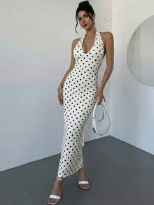 Firerie 新款春夏优雅浪漫复古波点印花V领收腰修身长款连衣裙，适合约会、度假、日常出行 - 米色 - 查看 4