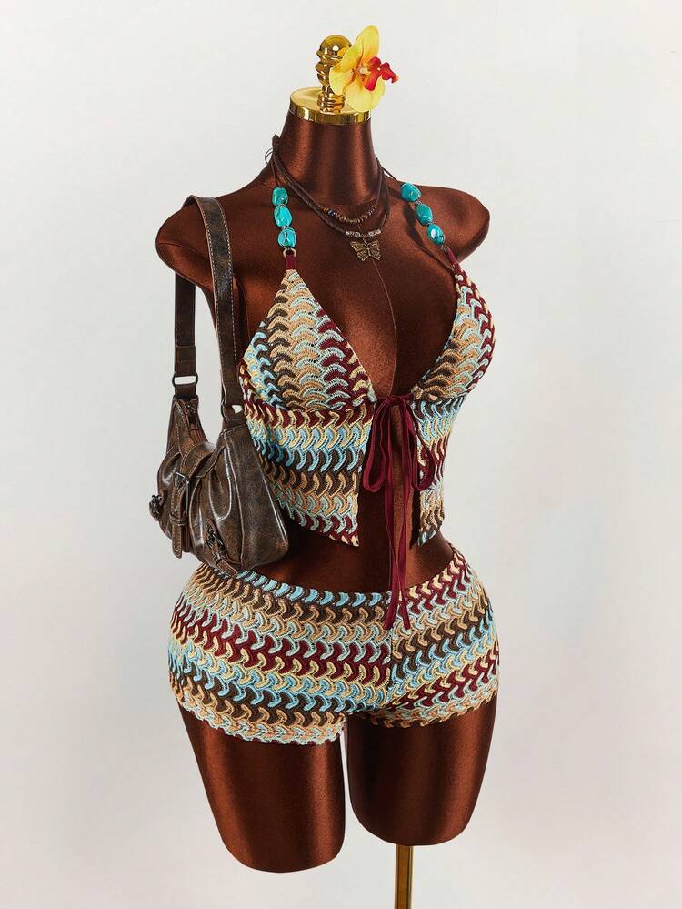 Conjunto cropped bohemio de 2 piezas para mujer con tela texturizada y acento de piedra, 2026 nuevo - Multicolor - Añade 2
