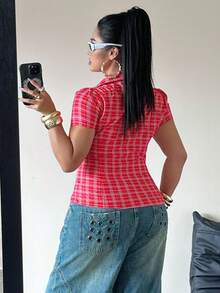 POPSWAY Áo sơ mi ngắn tay kẻ caro đỏ kiểu retro dành cho nữ cỡ lớn, áo kiểu ôm dáng in chữ mùa hè. - Đỏ - Xem 2