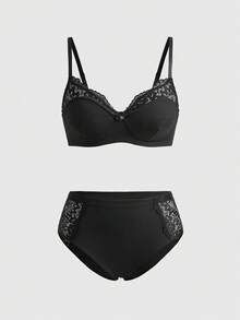 ROMWE Gothic Style Lace Patchwork Bow Decor Women's Lingerie Set - Black - View 1