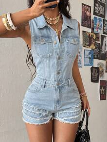 SHEIN HypeZone Women's Fashion Casual Slim-Fit Short Denim Bib Pants And Jumpsuit - Light Wash - View 1