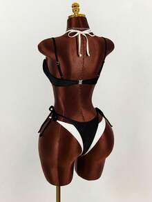 Amplova 女士泳装套装，两件套，品红色和黄色撞色设计，性感前卫，适合海滩度假 - 黑與白 - 查看 4