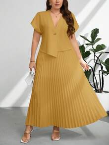 Firerie Plus Size Summer Elegant Solid Color Shirt & Pleated Skirt 2-Piece Set - Yellow - View 4