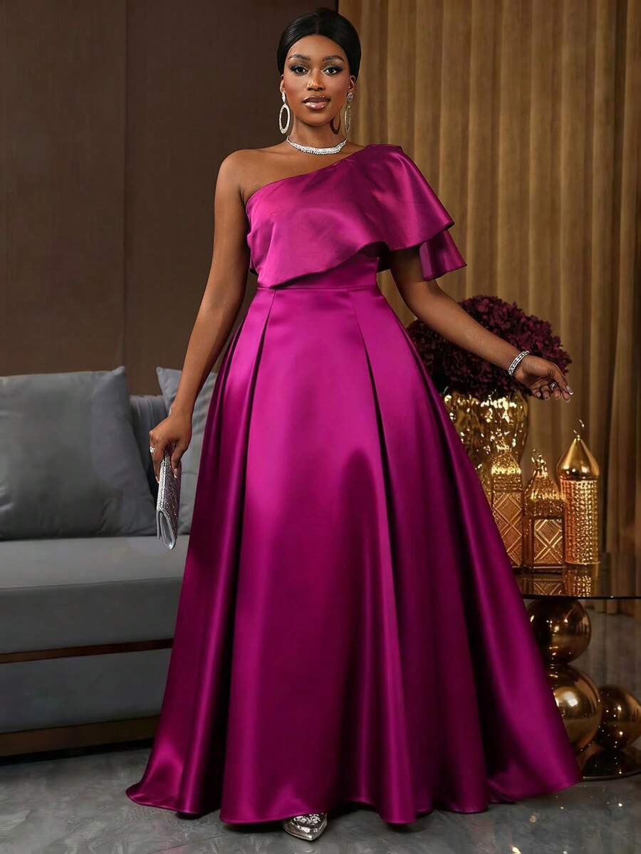 SHEIN Lunessa Váy midi chữ A thắt eo sang trọng, mềm mại, óng ánh, dự tiệc/dịp đặc biệt dành cho nữ - Màu đỏ tím - Xem 1