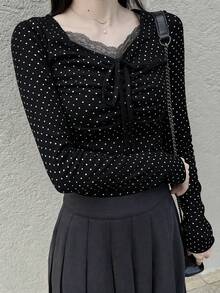 Dazy Tall Tall Women's Casual Polka Dot & Lace Patchwork Long Sleeve T-Shirt - Black and White - View 6