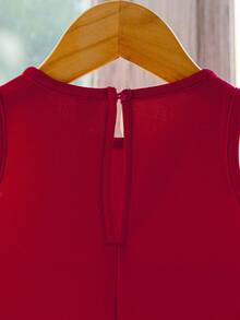 Baby Girls Winter,Wednesday,Black Dress,Baby Girl Round Neck Sleeveless Bowknot Decor Pearl Studded Contrast Color Pleated Ruffle Hem Dress Red Girls Dress With Pearls Red Dress For Girl Girls Pearl Dress Red Bow Dress For Girl - Red - View 8
