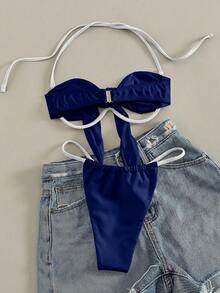 Swim SXY New Solid Color Sexy Tie-Up Bikini Swimwear For Women - Blue - View 3
