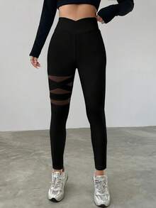 SHEIN EZwear Mesh Contrast High Waist Slim Fit Leggings - Black - View 4