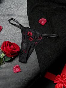 SHEIN 1件装女士性感蕾丝唇形丁字裤 - 黑色 - 查看 8