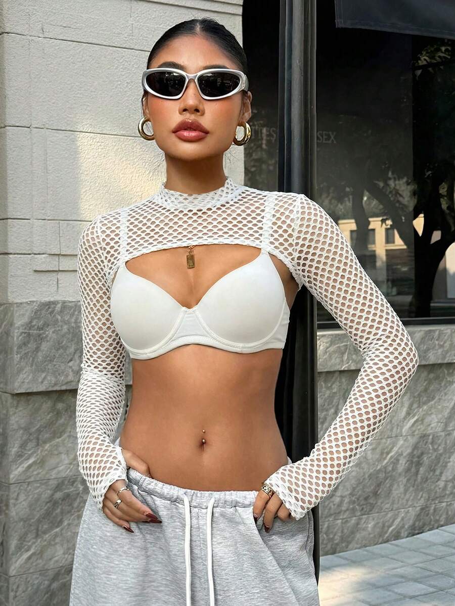 Muchica 纯色透视网眼高领短款紧身上衣 - 白色 - 查看 1