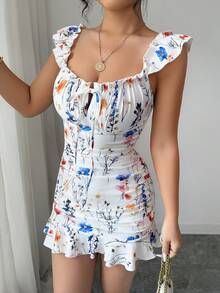 SHEIN LUNE 夏季露肩荷叶边下摆修身A字连衣裙，优雅性感法式印花连衣裙，收腰设计，适合约会、度假和通勤。 - 杏色 - 查看 5