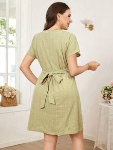 SHEIN Clasi 大码纯色V领系带优雅夏季连衣裙 - 綠色 - 查看 2