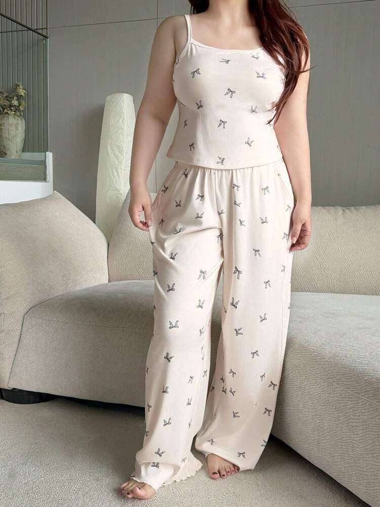 Dazy Plus 3pcs Bow Allover Print Pajama Set, Including Cardigan, Camisole And Pants, Plus Size Women Spring/Summer Sleepwear