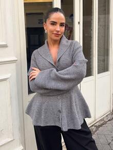 Marta Soriano 2025 New Arrive Minimalism Winter Women's Grey Solid Color Long Sleeve Single-Breasted Ruffle Hem Knitted Cardigan, Autumn/Winter Grey Cardigan Button Up Cardigan New Year Look And Christmas Stylish,Fall - Grey - View 5