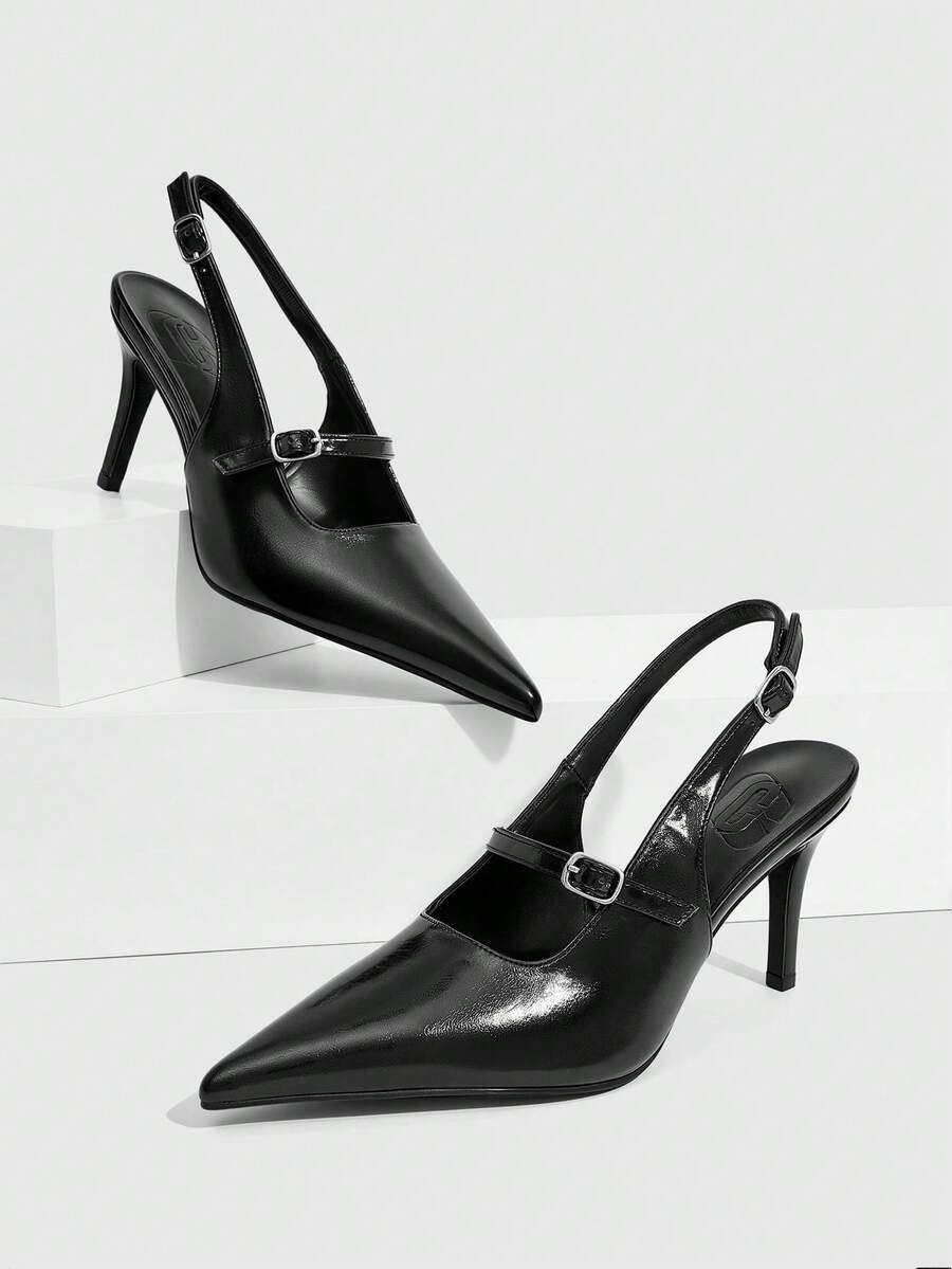 CUCCOO SZL Women Shoes Spring And Autumn New Black Mirror Point Thin Heel High Heel Back Lift Low Vamp Women's High Heel Shoes Slingback Shoes Daily Versatile Commuter Office Workers Business Dinner Party Wear Women's Shoes - Black - View 1