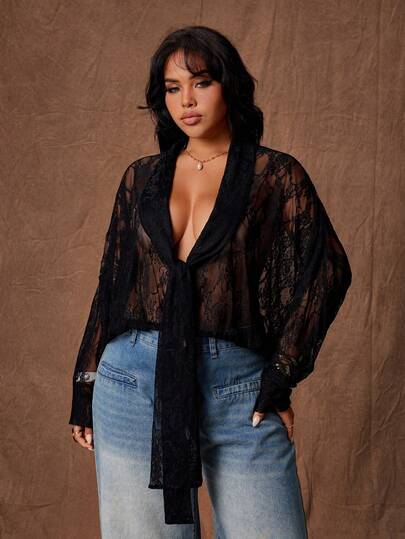 Rustia 大码蕾丝半透明蝴蝶结领衬衫，性感舒适休闲，适合派对、春夏穿着