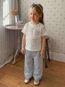 DAZY Baby Girls' Round Neck Bow Print Short Sleeve T-Shirt And Casual Loose Pants Set Summer Toddler Girls Clothes - White - View 3