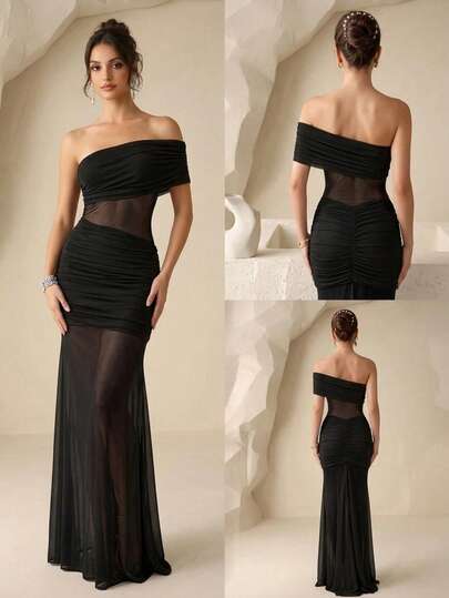 Vestido Largo Ajustado con Flada y Abdomen Semitransparentes Cuello Asimetrico Strappless de Hombros Descubiertos para Mujer