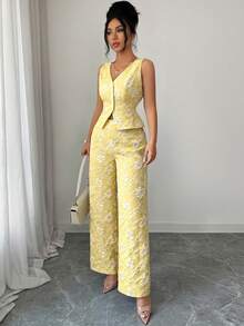 SHEIN Elenzya 女士夏季新款非洲雏菊提花压纹优雅休闲日常通勤商务套装蓝色背心和裤子两件套 - 淡黃色 - 查看 6