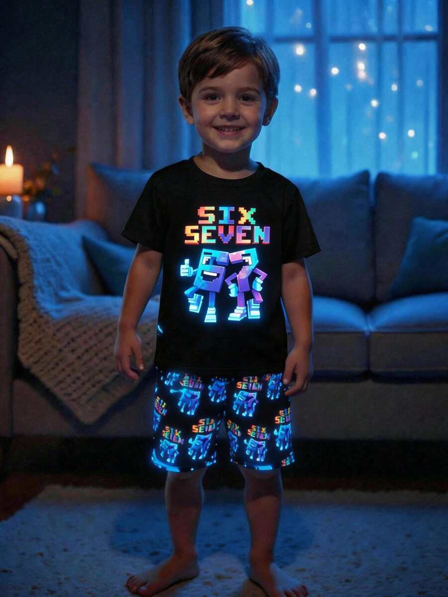 SHEIN 67 Digital Home Wear 男童夜光卡通数字印花长袖上衣和裤子修身睡衣套装，春/秋/四季皆宜
