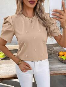 SHEIN Clasi Áo thun ngắn tay nữ thanh lịch đính ngọc trai, thích hợp cho mùa hè. - Màu Khaki - Xem 4