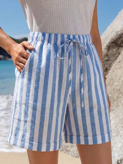 Sylviya Shorts casuales de mujer a rayas azules y blancas para la playa/vacaciones